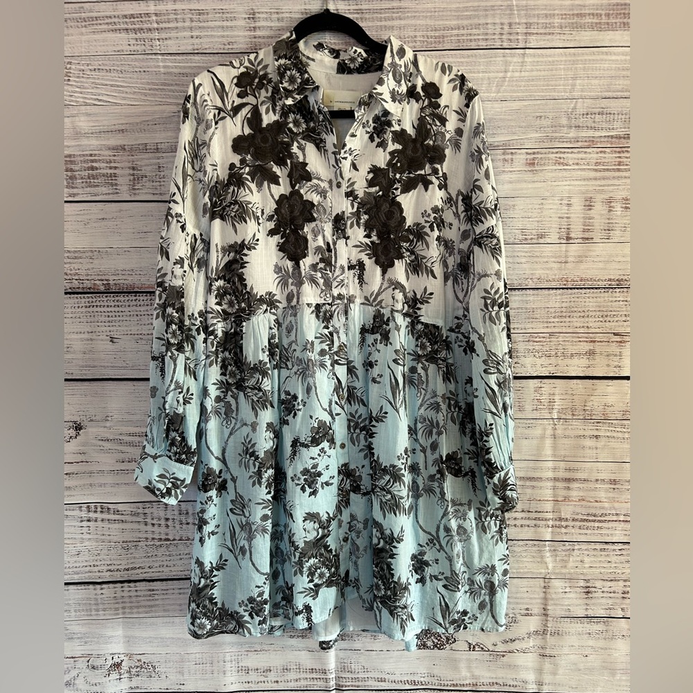 Anthropologie - Lavinia Shirt Dress Gray Blue Floral Embroidered